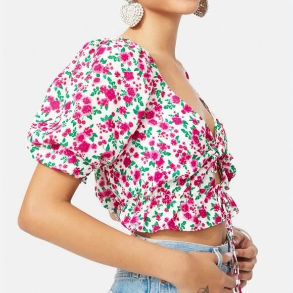 NWOT For Love & Lemons Petal Floral Puff Sleeve Tie Front Blouse Pink Green XS - Picture 2 of 8